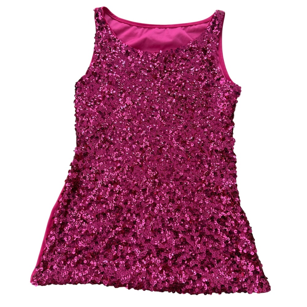Y2K Full Sequin Tank Top Stretchy Party Sleeveless M Hot Pink Glitter